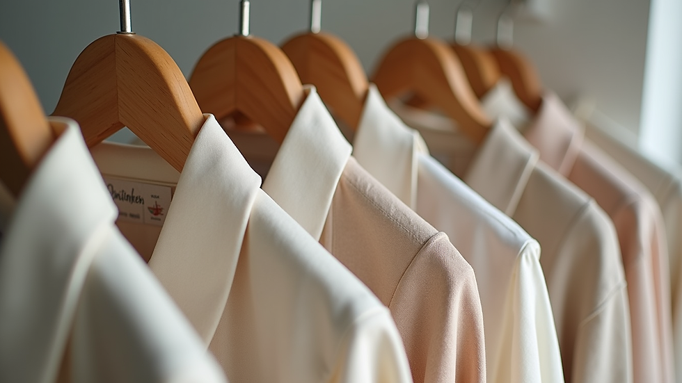 close-up of neutral-toned agender clothing on hangers