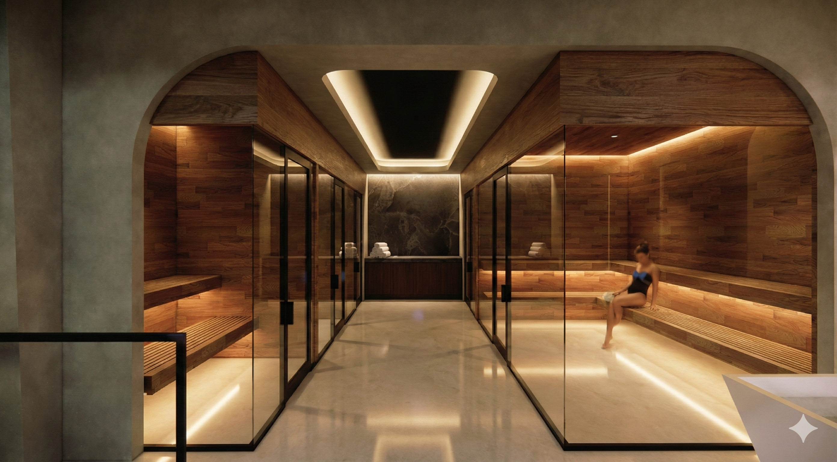 Modern infrared sauna hallway with warm wood tones designed for detox, circulation, and nervous system reset.