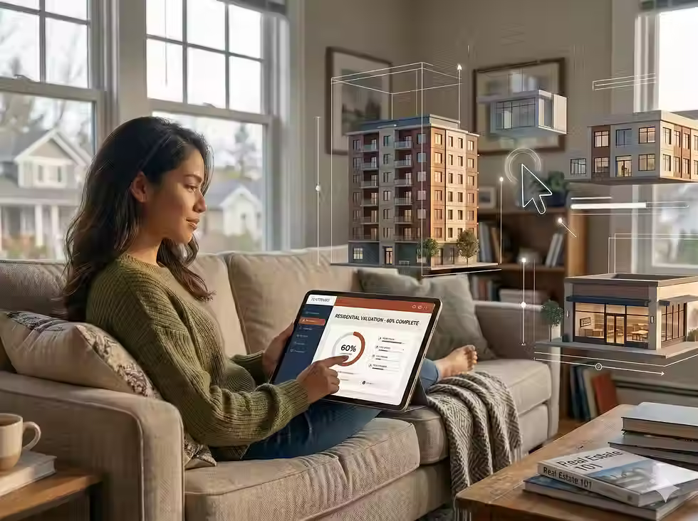 Fastpass Learning real estate students studying online on sofa.