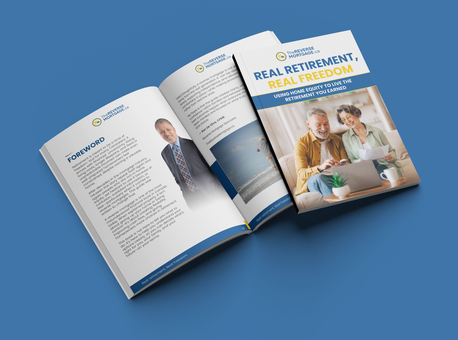 An open booklet titled "Real Retirement, Real Freedom" by TheReverseMortgage.ca, showcasing how to use home equity for retire