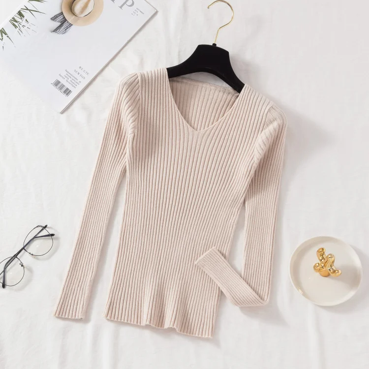 Thumbnail: Autumn Winter Women Sweaters Casual Long Sleeve Knitted V Neck Pullover Sweater 