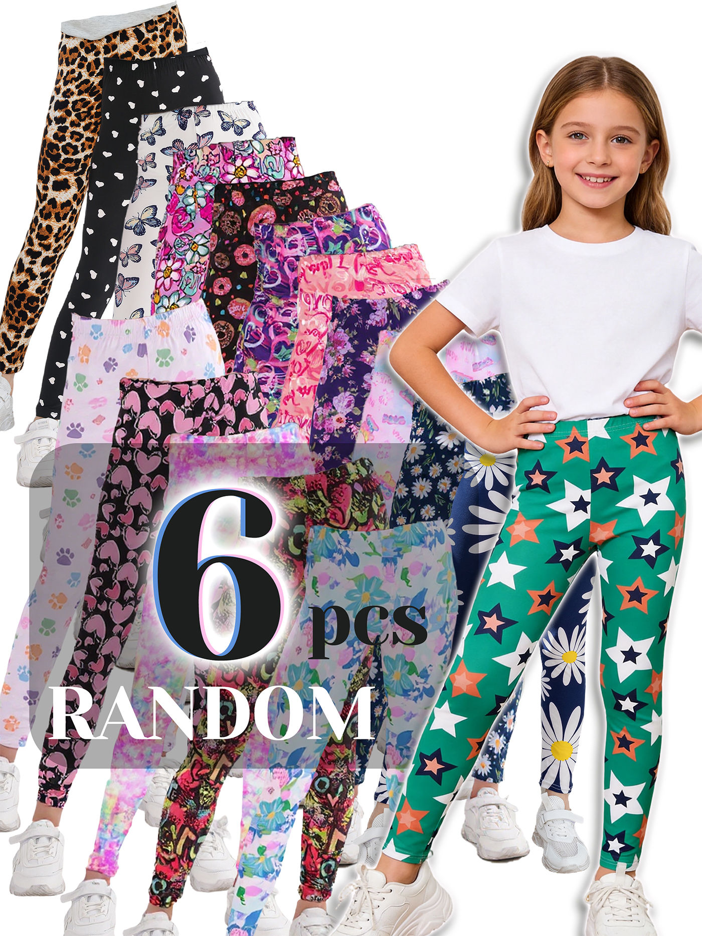 Girls' Printed Stretch Leggings 6-Pack - Mixed Designs (ages 7-13)