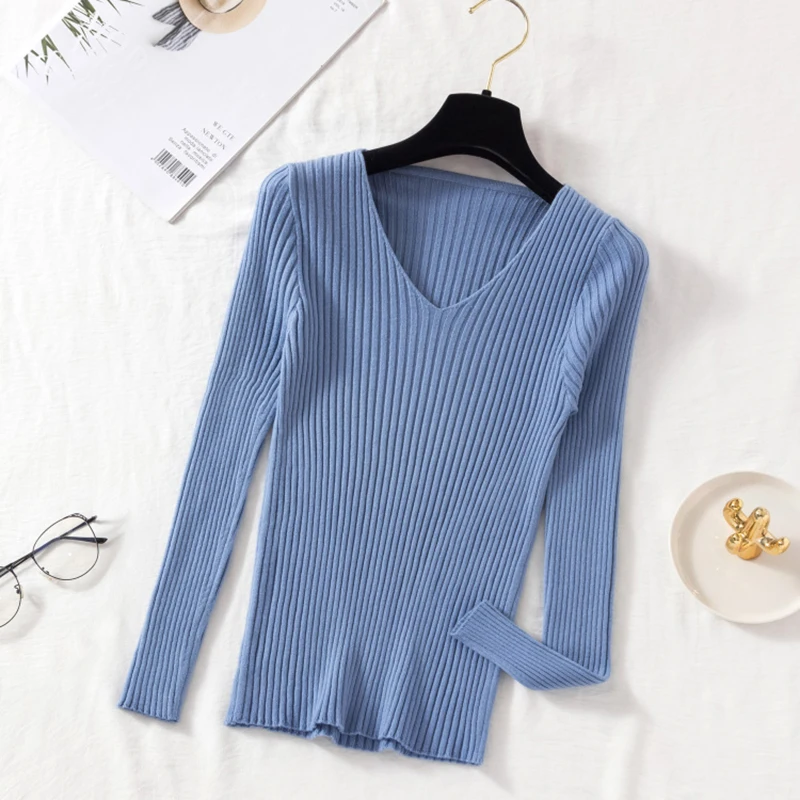 Thumbnail: Autumn Winter Women Sweaters Casual Long Sleeve Knitted V Neck Pullover Sweater 