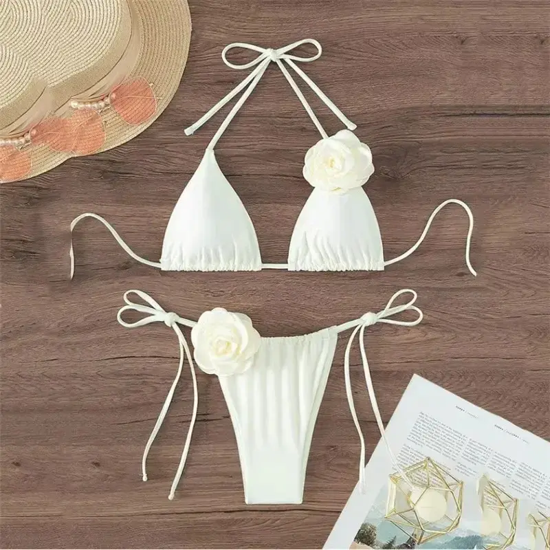 Thumbnail: Sexy Flower Bandeau Swimwear Thong Bikini 2026 Women Lace-up Swimsuit Swimming B