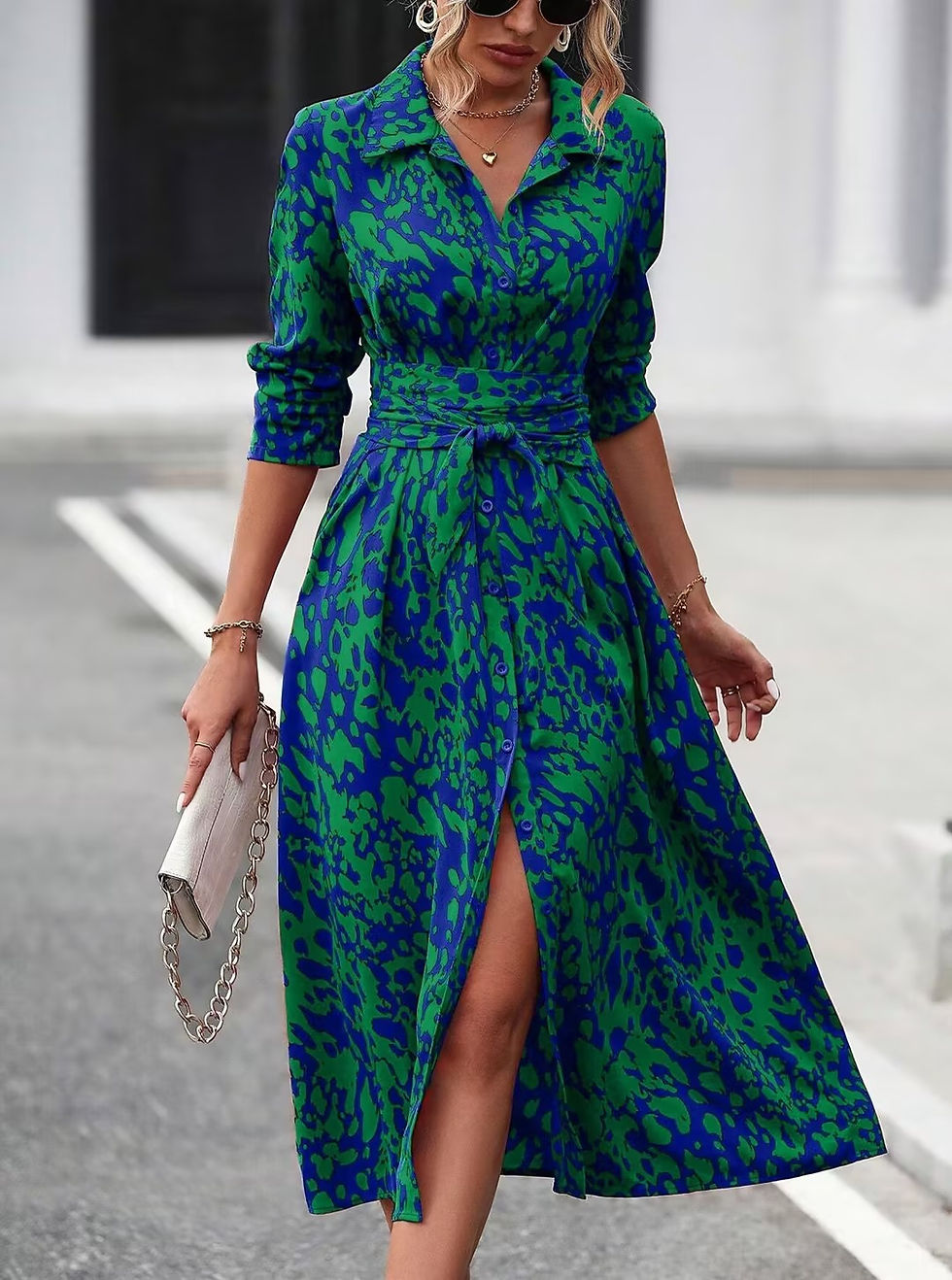 Thumbnail: Elegant Random Print Button Down Shirt Dress Women's Long Sleeve Belted Waist Mi