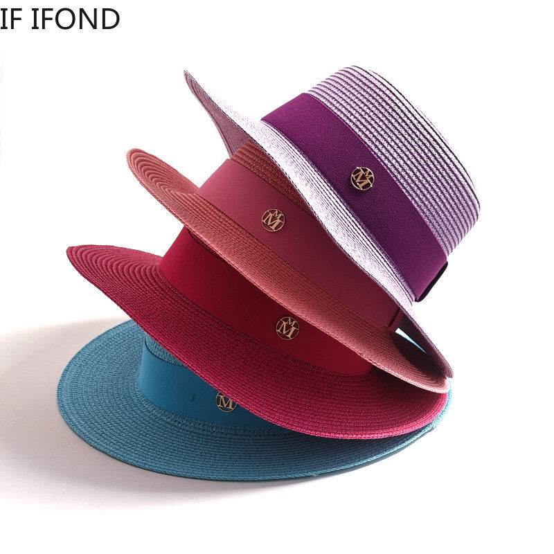 Thumbnail: Summer Straw Sun Hats for Women Ladies Fashion Flat Brim Ribbon Beach Hat Travel