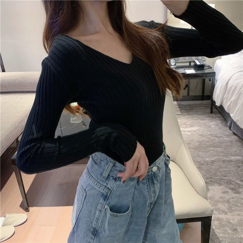 Thumbnail: Autumn Winter Women Sweaters Casual Long Sleeve Knitted V Neck Pullover Sweater 