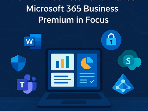 Laptop or tablet dashboard surrounded by icons for Word, Teams, Defender, Intune, SharePoint, and Azure AD. Background has a subtle data grid or abstract cloud overlay to suggest performance and security.