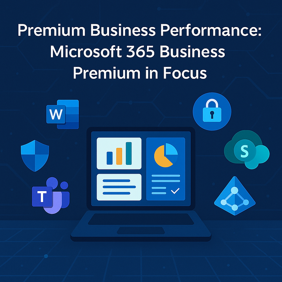 Laptop or tablet dashboard surrounded by icons for Word, Teams, Defender, Intune, SharePoint, and Azure AD. Background has a subtle data grid or abstract cloud overlay to suggest performance and security.