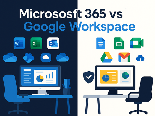 Microsoft 365 and Google Workspace desktop setups with app icons in a split-screen comparison