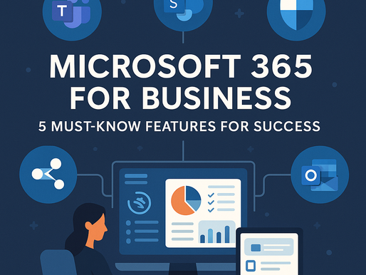 Microsoft 365 for Business with icons for Teams, SharePoint, Defender, Power Platform, and Outlook around a dashboard