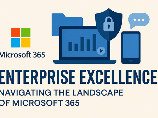 A digital illustration for “Enterprise Excellence: Navigating the Landscape of Microsoft 365.” It features the Microsoft 365 logo alongside a laptop with analytics bars, a folder icon, a shield with a padlock, a smartphone, and a chat bubble—all set on a beige background with bold blue headline text.