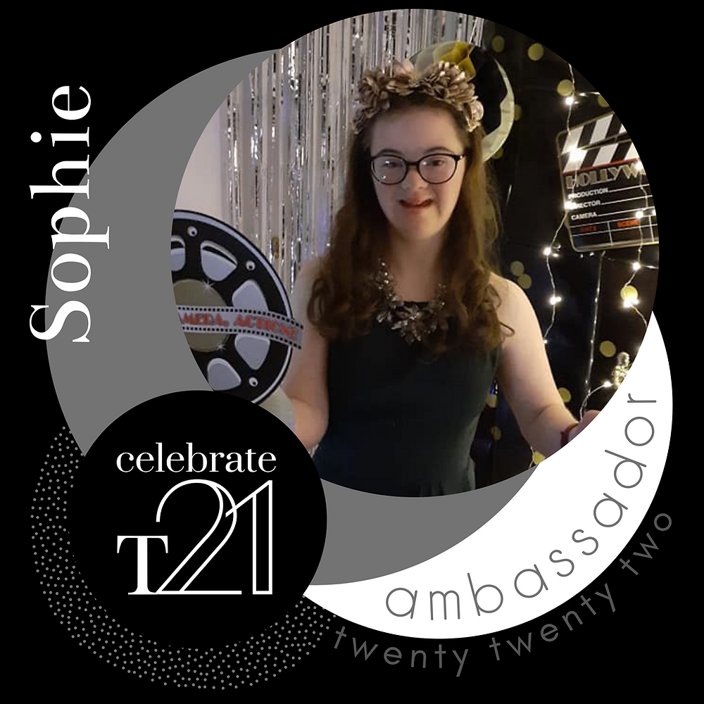 Gorgeous young woman with Down syndrome wearing classic black dress gold jewellery in front of movie decorations, inset in a Celebrate T21 Ambassador logo