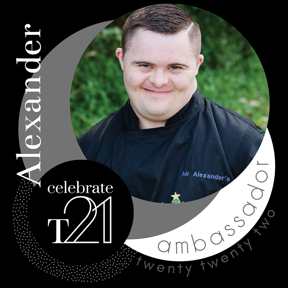 Handsome young man with Down syndrome smiling towards camera proudly in his businesses uniform, inset into Celebrate T21 Ambassador logo
