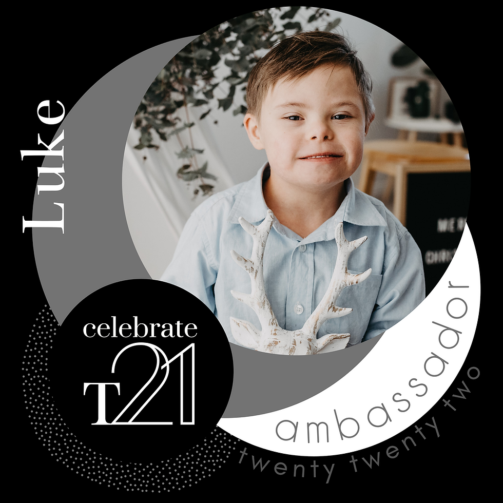 Handsome young boy with Down syndrome smiling at the camera, wearing a dress shirt and holding a reindeer, inset in a Celebrate T21 Ambassador logo