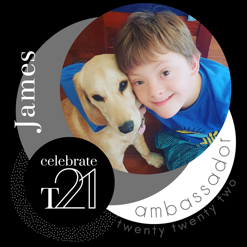 Handsome young boy with Down syndrome smiling at the camera with golden retriever, inset in a Celebrate T21 Ambassador logo