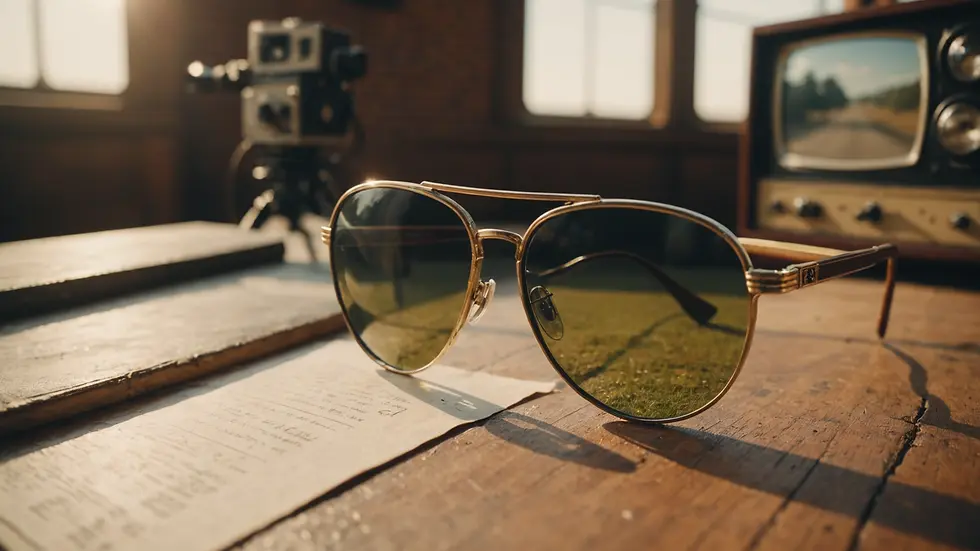 Eye-level view of a vintage film set with sunglasses