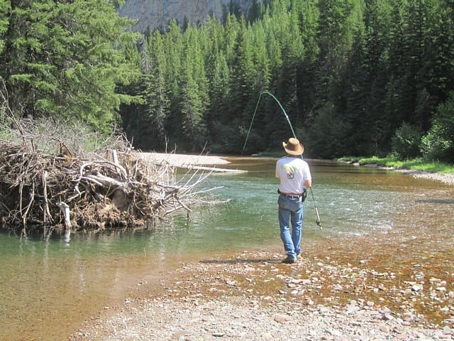Angler fly fishing in a river with bent rod