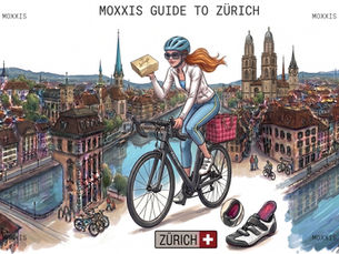 Illustrated cyclist in helmet and sunglasses rides through Zürich, holding a Sprüngli box in one hand. Grossmünster, Fraumünster and St. Peter church towers in the background. Bottom right shows a road cycling shoe with a moxxis insole and a Zürich license plate.