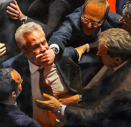 A Painting of Politicians Fighting by Revan Karaca from Her Politics Series at Colonna Contemporary Art in Wayne PA