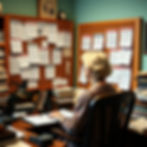 Woman in an office writes at a desk full of papers and books. Corkboard covered with pinned REJECTION documents. Vintage clock above. Calm setting.