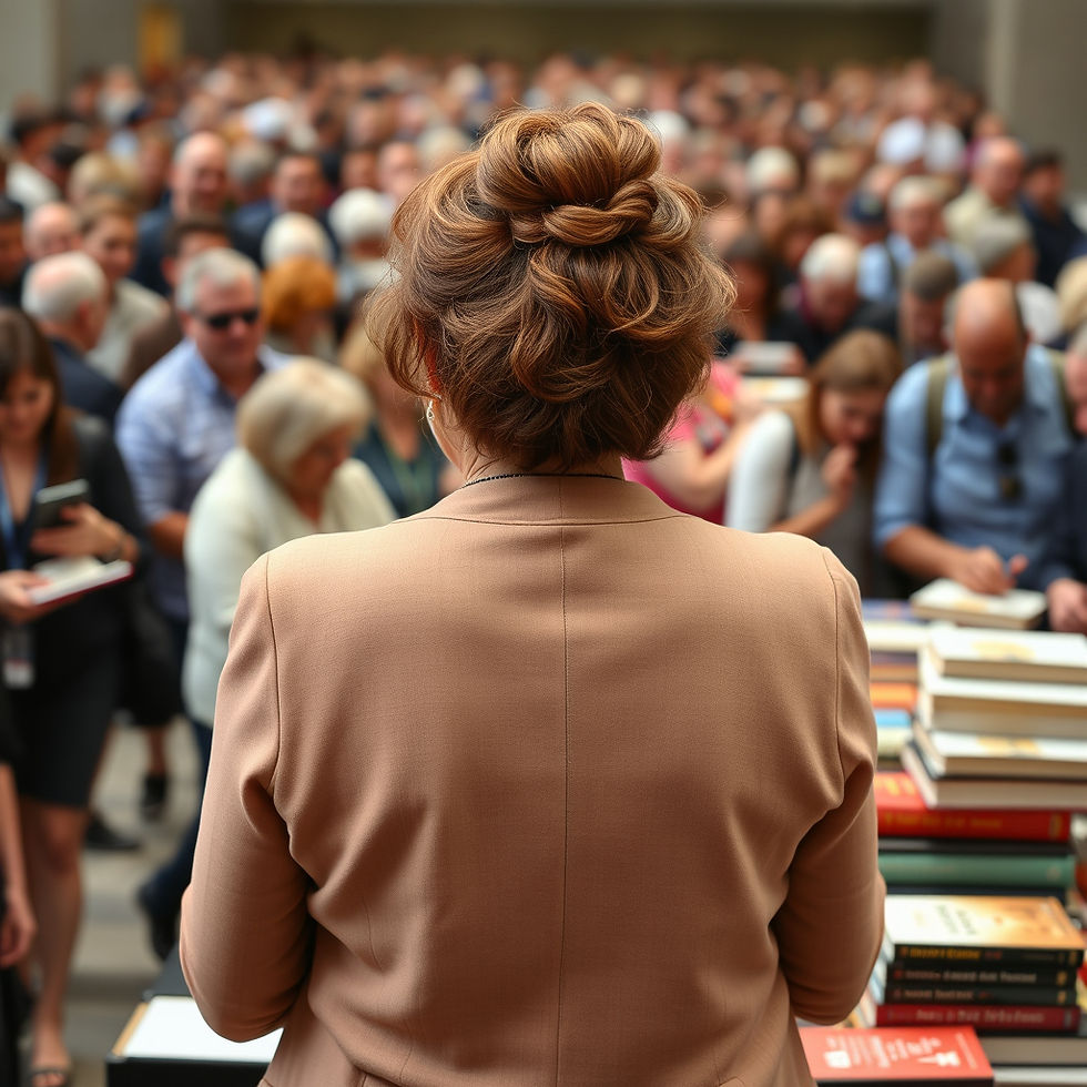 Woman in a tan jacket facing a large audience at a book signing event. Books stacked on a table. Crowd appears engaged and focused.
