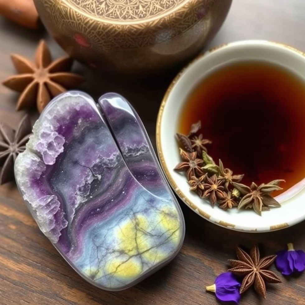 Geode on a wooden table with star anise, a cup of tea adorned with herbs, and a detailed patterned bowl, creating a cozy atmosphere.