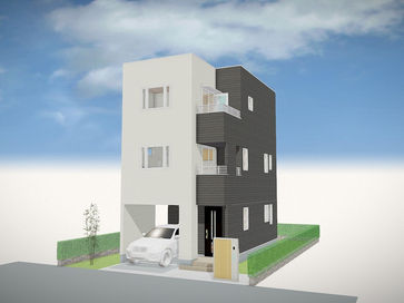 建物脇に奥行のあるバルコニーがある3階建て