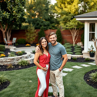 young couple standing in their newly landscaped backyard, evidently happy.jpg