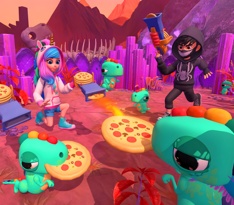 Comicfiguren und Dinosaurier, die Pizza essen