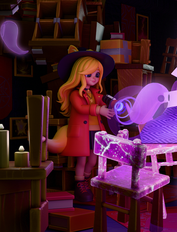 Comicfigur saugt Geister mit Sauger ein