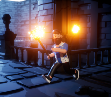 Comicfigur mit Fackel im düsteren Dungeon