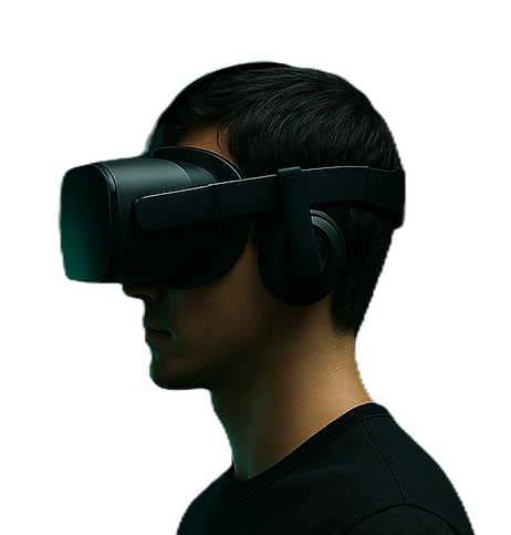 Ein professioneller Rennfahrer mit Helm steht einem VR-Spieler mit Virtual-Reality-Headset in einem spannungsgeladenen Duell