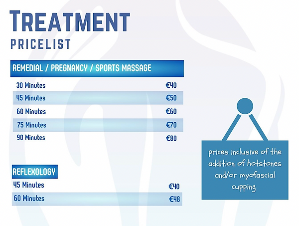 pricelist for massage and reflexology at ag sports massage, thurles