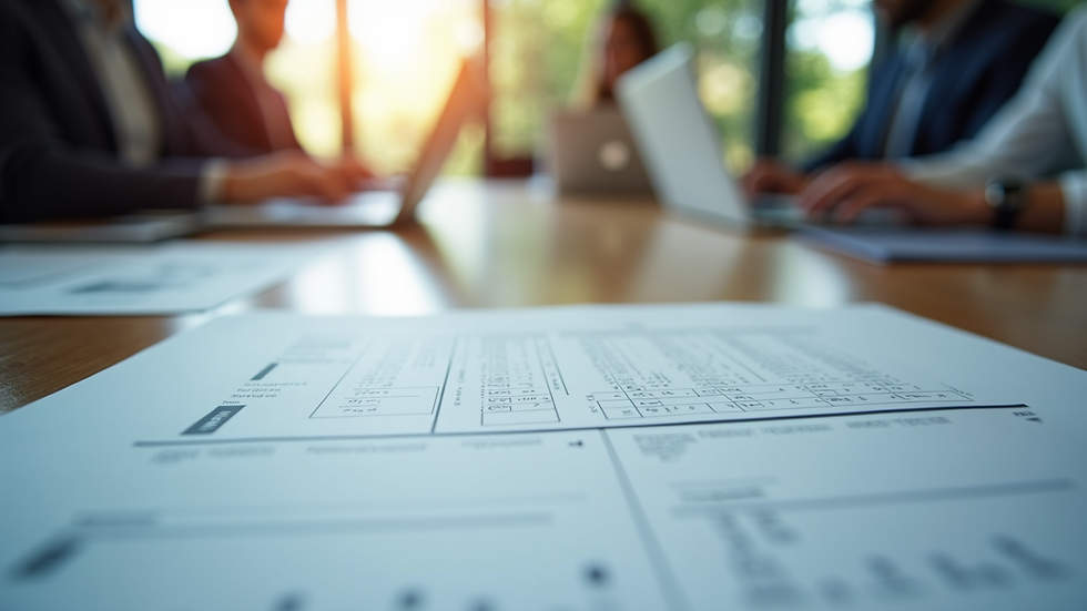 Close-up view of a conference table with documents and laptops showing teamwork