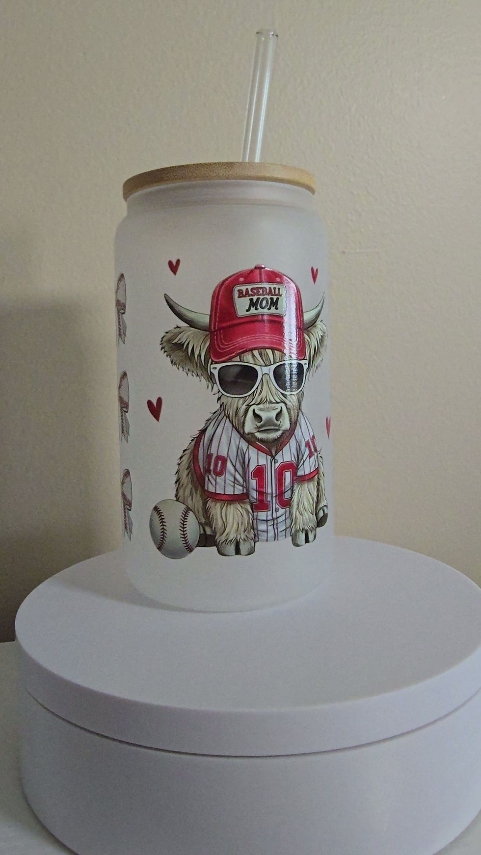 Thumbnail: Baseball Mom Highland Cow 16oz Frosted Glass with Bamboo Lid