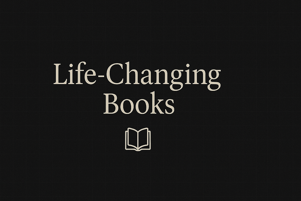 Text "Life-Changing Books" and an open book icon on a dark grid background, conveying a theme of impactful literature.