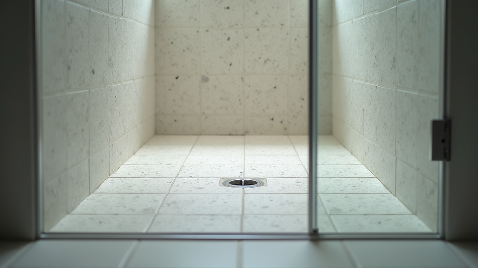 Close-up view of tiled walk-in shower floor with drain and glass enclosure