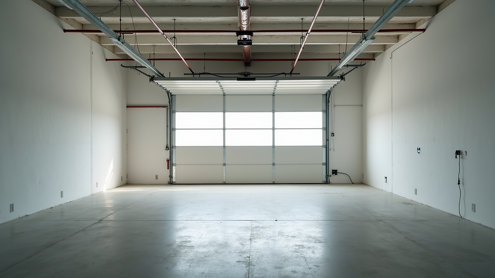 Eye-level view of a spacious garage with empty walls ready for renovation