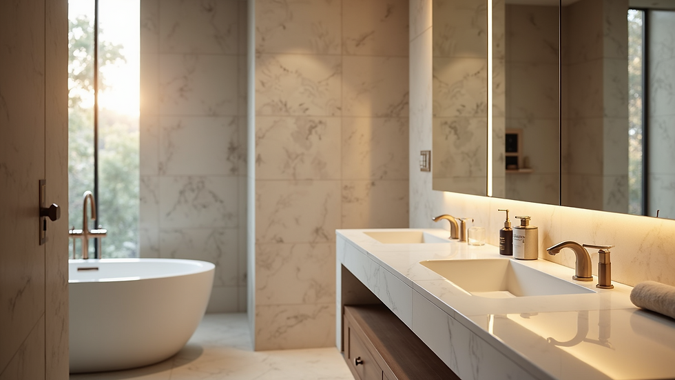Close-up view of custom tile work and designer lighting in a guest bathroom in Los Angeles