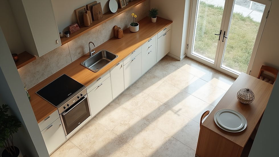 High angle view of a kitchen with custom cabinetry and patterned tile flooring