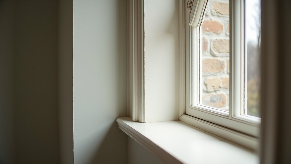 Close-up view of a custom arched window with decorative trim
