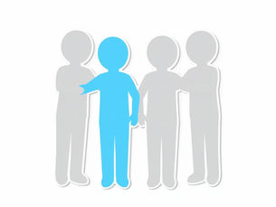 A group of figures gathered. One is blue and different from the rest.