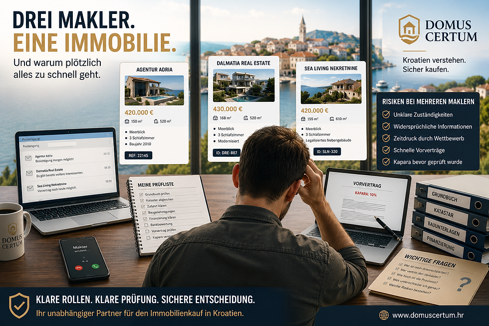 Gestresster Immobilienkäufer zwischen drei Maklern beim Immobilienkauf in Kroatien