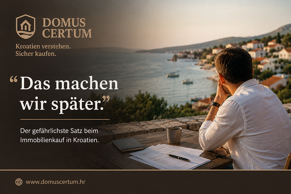 Käufer denkt über Immobilienkauf in Kroatien nach und prüft Unterlagen auf einer Terrasse mit Meerblick.