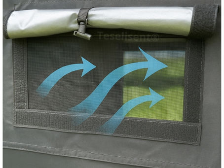 Teselisent bike storage tent showing fresh air entering through high-position B4 mesh windows as part of the advanced ventilation system.