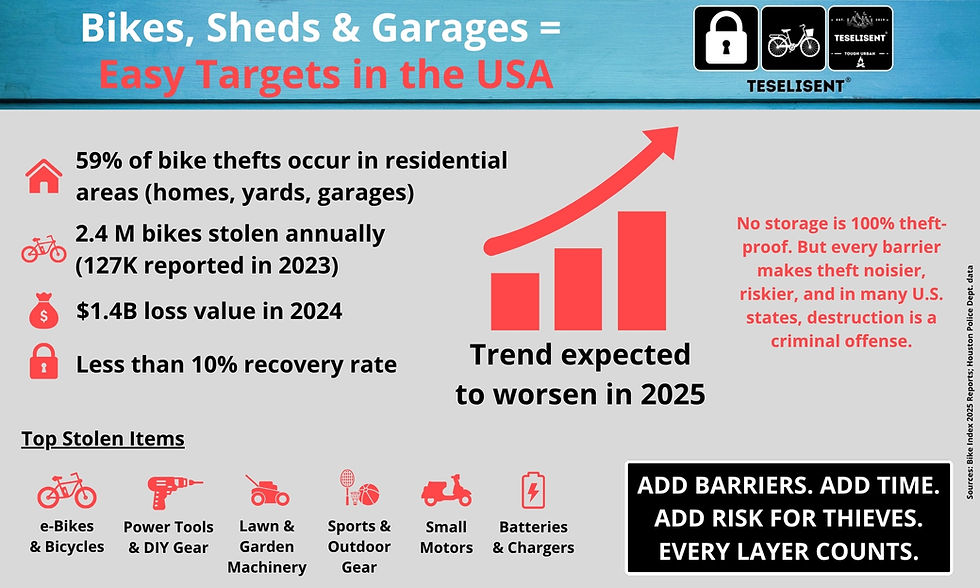 Teselisent infographic showing U.S. bike theft statistics, top stolen items, and why garages, sheds, and yards are easy targets.