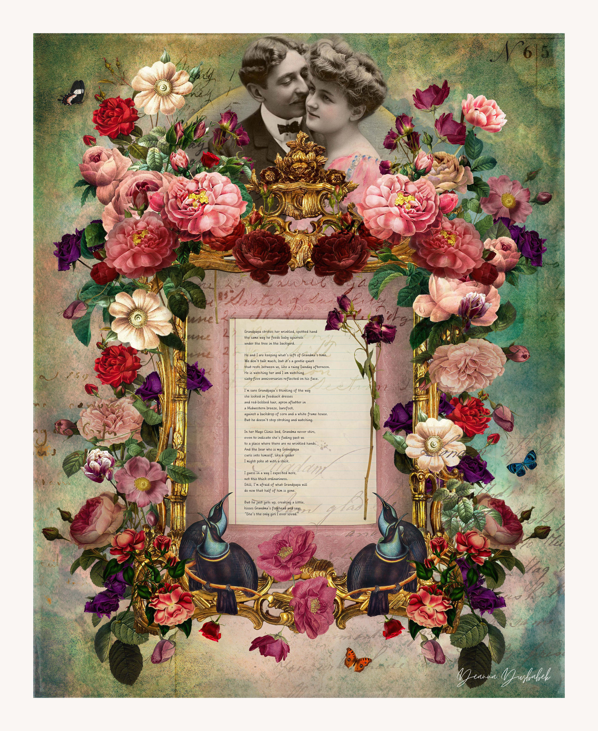Fine Art Collage with flowers and a poem and a couple in love
