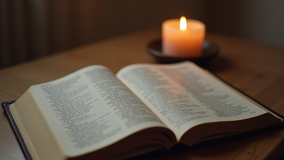 Close-up view of a Bible open on a wooden table with a candle nearby