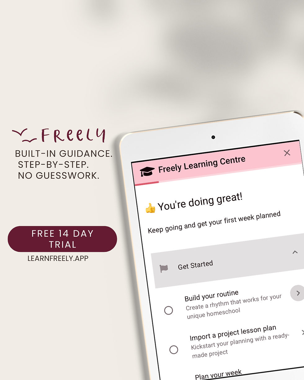 “Freely Learning Centre inside Freely Homeschool Planner showing step-by-step onboarding guidance – learnfreely.app”